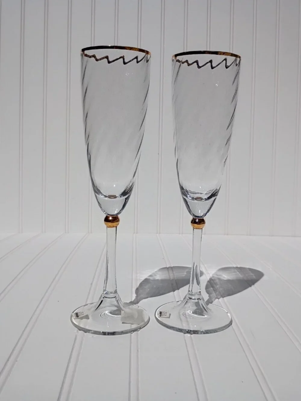 Miller Rogaska Reed & Barton Jubilee Gold Flute Champagne Wine Glasses Set of 2